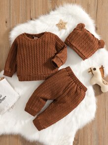 Đứa bé trai Textured Áo len & Quần nỉ Với Thiết kế tai 3D Mũ - Cà phê nâu - Xem 1