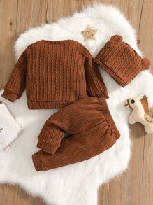 Đứa bé trai Textured Áo len & Quần nỉ Với Thiết kế tai 3D Mũ - Cà phê nâu - Xem 2