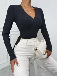 SHEIN Unity Áo thun nữ Tương phản ren Thắt nút Trọn gói màu trơn Giải trí - Màu xanh hải quân - Xem 1