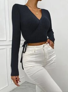 SHEIN Unity Áo thun nữ Tương phản ren Thắt nút Trọn gói màu trơn Giải trí - Màu xanh hải quân - Xem 3