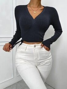 SHEIN Unity Áo thun nữ Tương phản ren Thắt nút Trọn gói màu trơn Giải trí - Màu xanh hải quân - Xem 4