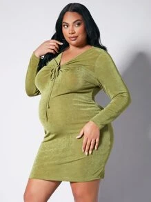 SHEIN Maternidad Talla grande Vestido ajustado pecho con fruncido con cordón delantero - Verde Oliva - Ver 6