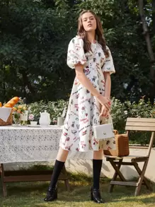Mulvari 標語和蝴蝶印花泡泡袖洋裝 - 彩色 - 查看 1