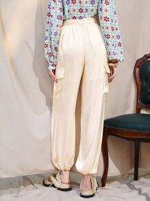 Seusyu High Waist Flap Pocket Belted Cargo Pants - Beige - View 2