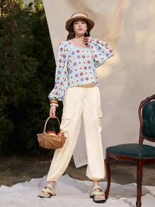 Seusyu High Waist Flap Pocket Belted Cargo Pants - Beige - View 3