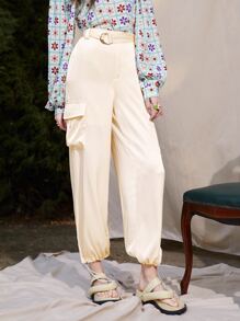 Seusyu High Waist Flap Pocket Belted Cargo Pants - Beige - View 4