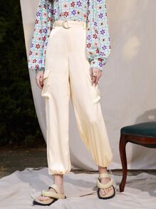 Seusyu High Waist Flap Pocket Belted Cargo Pants - Beige - View 5