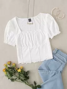 Soleia Square Neck Ruched Bust Lettuce Trim Crop Tee - White - View 1