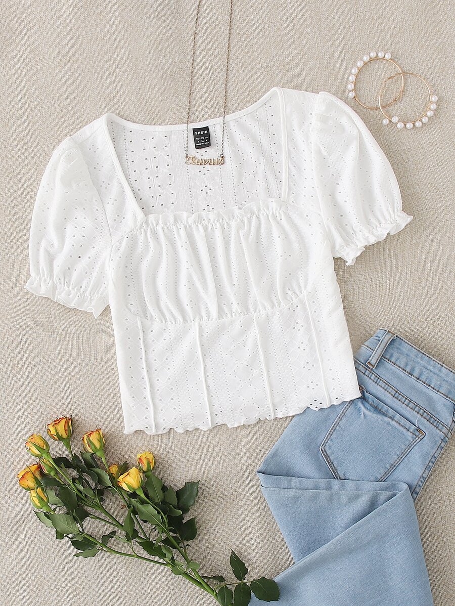 Soleia Square Neck Ruched Bust Lettuce Trim Crop Tee - White - View 1