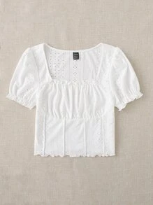 Soleia Square Neck Ruched Bust Lettuce Trim Crop Tee - White - View 4