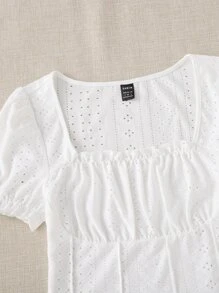Soleia Square Neck Ruched Bust Lettuce Trim Crop Tee - White - View 5