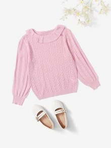 女孩網眼針織荷葉邊套頭毛衣 - 淺粉色 - 查看 1