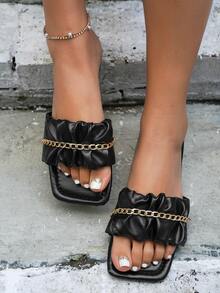 Chain Decor Ruched Strap Slide Sandals - Black - View 5