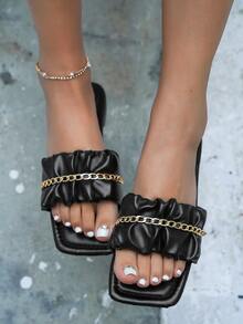 Chain Decor Ruched Strap Slide Sandals - Black - View 3