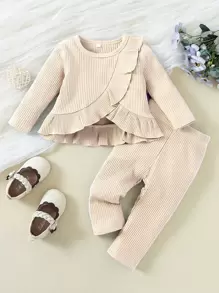 女嬰荷葉邊純色羅紋 T 恤和緊身褲 - 杏色 - 查看 1