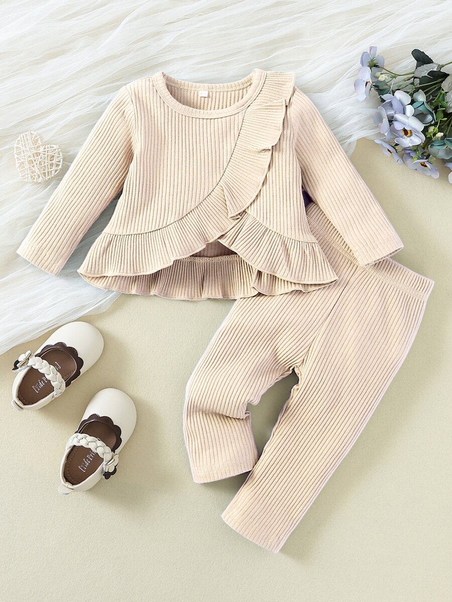 女嬰荷葉邊純色羅紋 T 恤和緊身褲 - 杏色 - 查看 1