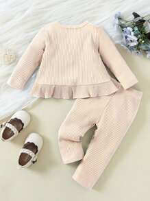 女嬰荷葉邊純色羅紋 T 恤和緊身褲 - 杏色 - 查看 2