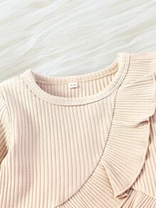 女嬰荷葉邊純色羅紋 T 恤和緊身褲 - 杏色 - 查看 4