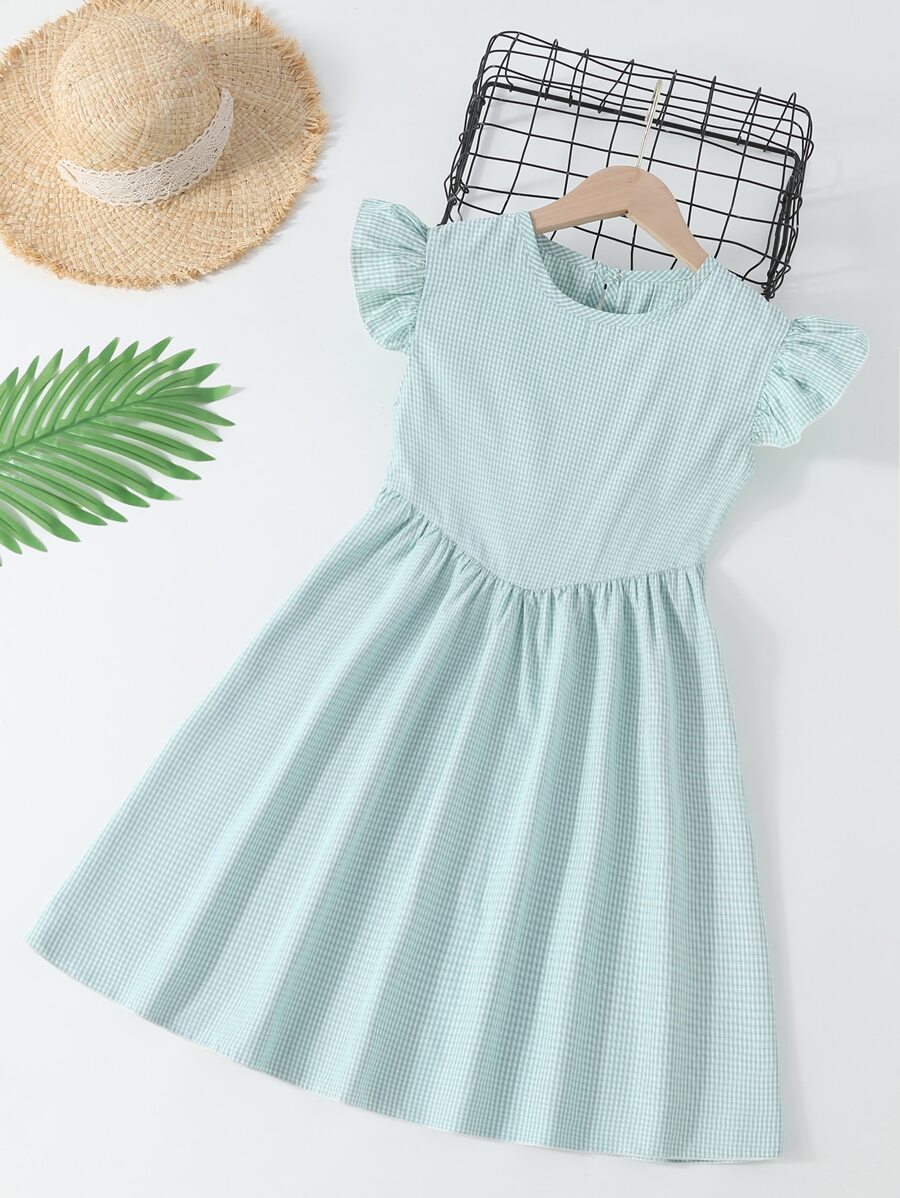 Niñas Vestido con estampado de cuadros ribete con fruncido - verde menta - Ver 1