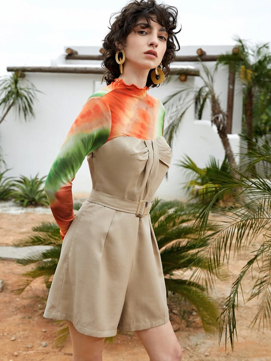 SHEIN Unity Ruched Front Buckle Belted Tube Romper Without Tie Dye Top - Khaki - View 1