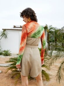 SHEIN Unity Ruched Front Buckle Belted Tube Romper Without Tie Dye Top - Khaki - View 2