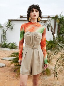 SHEIN Unity Ruched Front Buckle Belted Tube Romper Without Tie Dye Top - Khaki - View 3