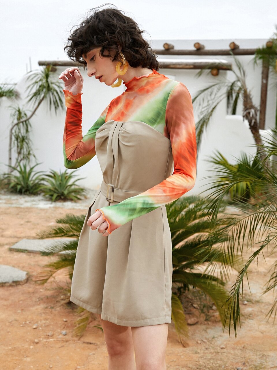 Ruched Front Buckle Belted Tube Romper Without Tie Dye Top