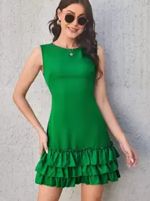 SHEIN Privé 素色木耳褶皺邊荷葉邊多層連衣裙 - 綠色 - 查看 1