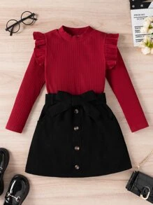 SHEIN Tween Girl Ribbed Knit Ruffle Trim Tee & Belted Skirt - Multicolor - View 1