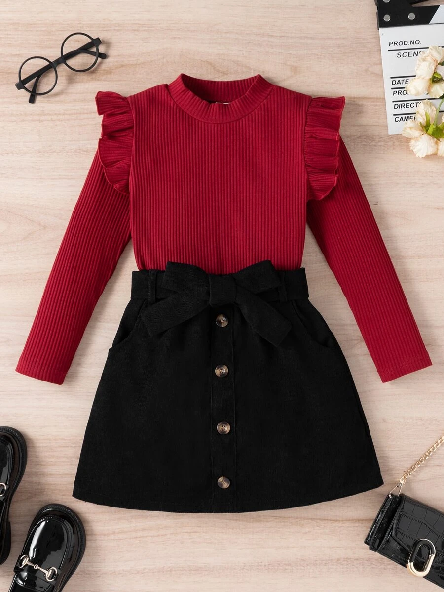 SHEIN Tween Girl Ribbed Knit Ruffle Trim Tee & Belted Skirt - Multicolor - View 1