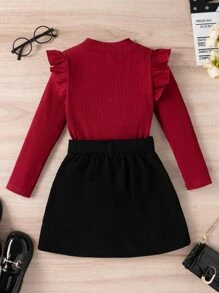 SHEIN Tween Girl Ribbed Knit Ruffle Trim Tee & Belted Skirt - Multicolor - View 2