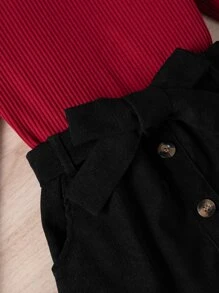 SHEIN Tween Girl Ribbed Knit Ruffle Trim Tee & Belted Skirt - Multicolor - View 4