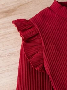 SHEIN Tween Girl Ribbed Knit Ruffle Trim Tee & Belted Skirt - Multicolor - View 6