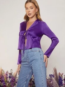 SHEIN BAE 荷葉邊打結細節上衣 - 紫色 - 查看 3