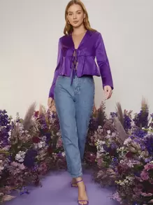 SHEIN BAE 荷葉邊打結細節上衣 - 紫色 - 查看 5