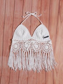 Top cubre con flecos tejidos a crochet, para vacaciones de verano en la playa - Blanco - Ver 2