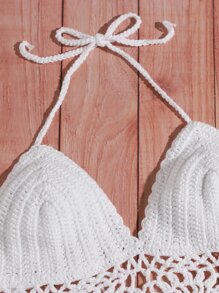 Top cubre con flecos tejidos a crochet, para vacaciones de verano en la playa - Blanco - Ver 4