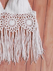 Top cubre con flecos tejidos a crochet, para vacaciones de verano en la playa - Blanco - Ver 5
