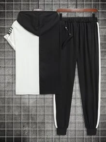 Manfinity Hombres Pantalones deportivos con camiseta con estampado de letra japonesa de dos tonos con cordón con capucha - Blanco y Negro - Ver 2