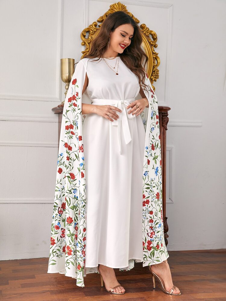 Modelyn Plus Floral Print Belted Cape Dress - Multicolor - View 3