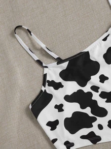 SHEIN EZwear 大碼奶牛圖案不對稱下擺吊帶上衣 - 黑與白 - 查看 3