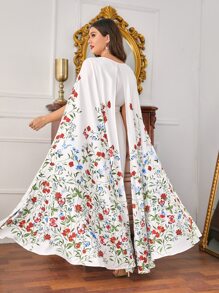Modelyn Plus Floral Print Belted Cape Dress - Multicolor - View 2