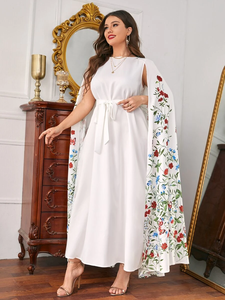 Modelyn Plus Floral Print Belted Cape Dress - Multicolor - View 1
