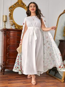 Modelyn Plus Floral Print Belted Cape Dress - Multicolor - View 4