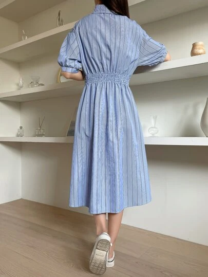 DAZY ストライプ ドロップショルダー シャーリングウエスト シャツドレス