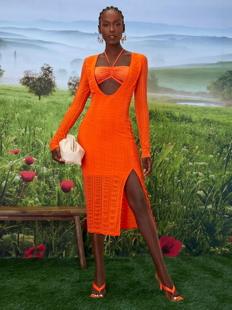 SHEINNeu Neon Cut Out Split Thigh Dress - Orange - View 1