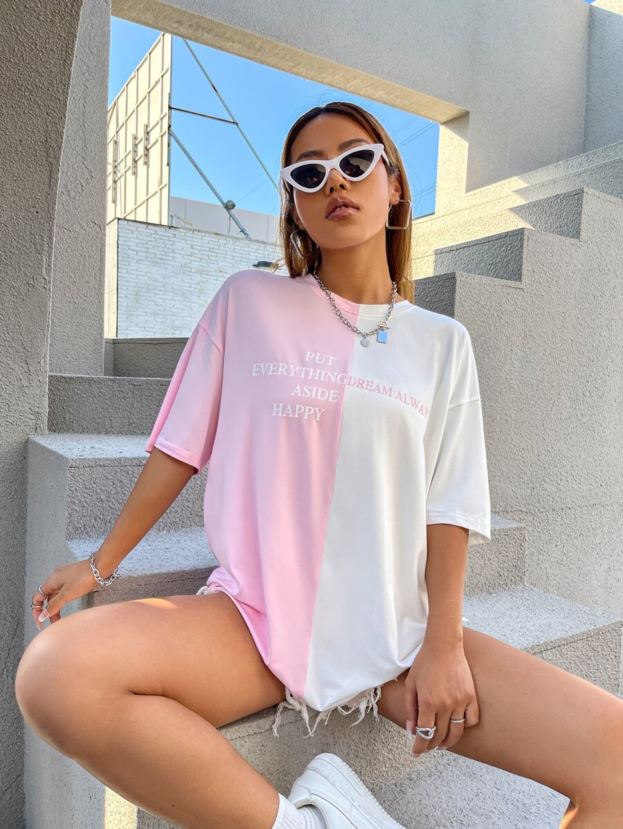 SHEIN Unity Áo thun nữ Khối Màu Lá thư Giải trí - Hồng - Xem 1