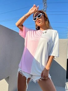 SHEIN Unity Áo thun nữ Khối Màu Lá thư Giải trí - Hồng - Xem 3