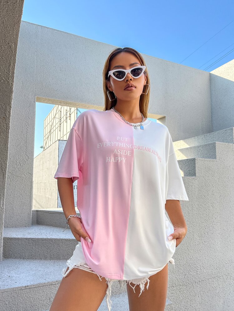 SHEIN Unity Áo thun nữ Khối Màu Lá thư Giải trí - Hồng - Xem 4