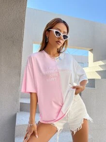 SHEIN Unity Áo thun nữ Khối Màu Lá thư Giải trí - Hồng - Xem 5